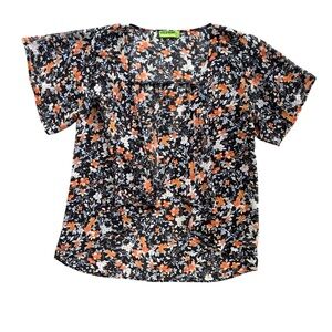 Fresh Brewed Women’s Sm Orange Blue Floral Short Sleeves Open Waterfall Cardigan